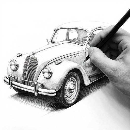 Monochrome sketch of a classic Volkswagen Beetle, with a hand adjusting the right door, showcasing detailed line work and shading.