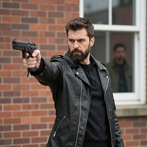 Intense Man with Gun in Urban Scene