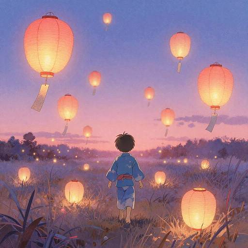 Child in Twilight Field with Glowing Paper Lanterns