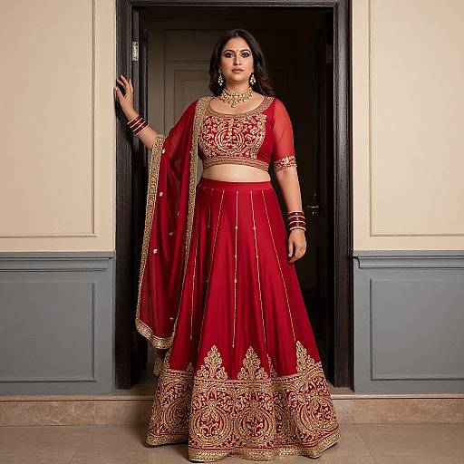 Photograph of a South Asian woman in a red and gold traditional lehenga with intricate embroidery, standing in a doorway. She wears a matching choli