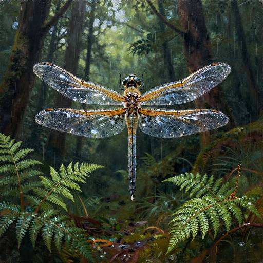Crystal-Winged Dragonfly in Symmetrical Forest