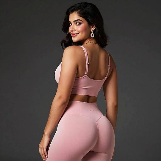 Photograph of a smiling, curvy woman with dark hair, wearing a pink sports bra and matching high-waisted leggings, looking back over her