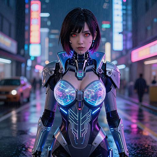 Cyberpunk street scene: Asian woman with glowing red eyes, short black hair, and neon-lit cyber armor, standing in rainy urban setting.