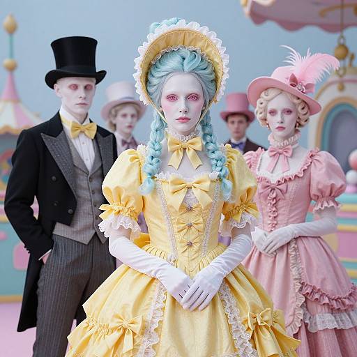 Photorealistic CGI image of Victorian-style characters: pale blue-haired woman in yellow dress, white gloves, top hat; pink-dressed woman, pink