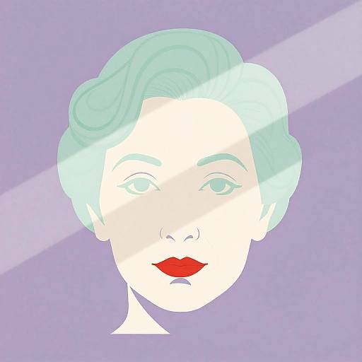 Digital illustration of a white, stylized woman's face with short, wavy blue hair, red lips, and a light purple background.