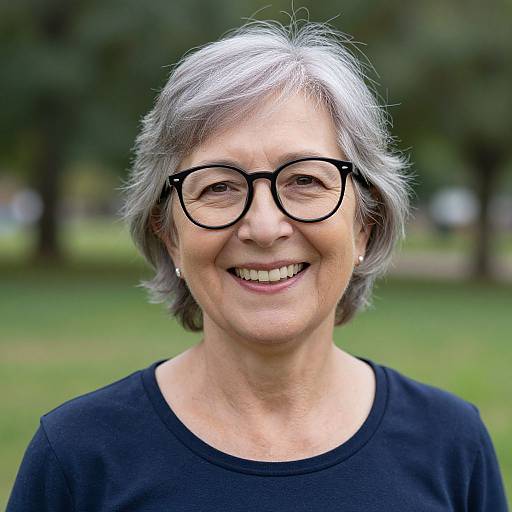 Photograph of an elderly woman with short gray hair, black glasses, and a black top, smiling in a blurred park background.