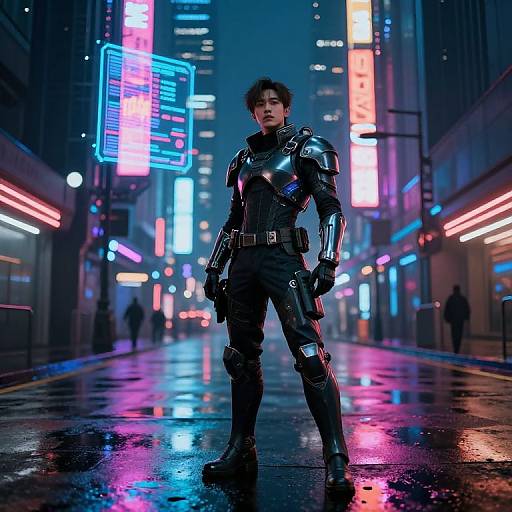 Cyberpunk city street at night, wet pavement reflecting neon lights. Asian man in black, shiny, futuristic armor stands confidently, surrounded by vibrant,