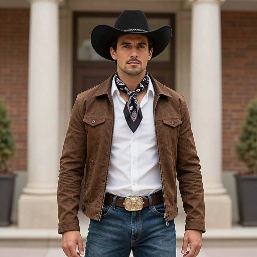 Photograph of a handsome, bearded man in a black cowboy hat, brown jacket, white shirt, black bandana, blue jeans, and belt