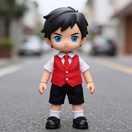 Photograph of a stylized LEGO figure with black hair, blue eyes, red vest, white shirt, black shorts, and black shoes, standing on