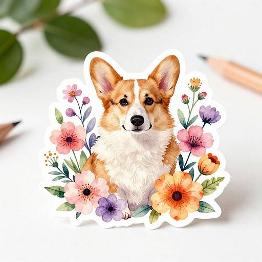 Digital illustration of a cute Corgi with orange and white fur, surrounded by colorful flowers (pink, purple, orange), against a blurred green leaf