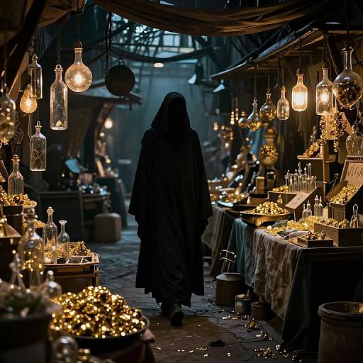 Photograph: Silhouetted figure in dark cloak walks through dimly lit, cozy market stall aisle, adorned with glowing hanging bulbs and twinkling