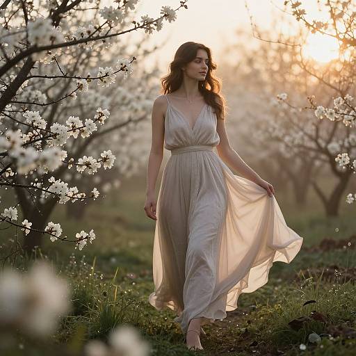 Photograph of a woman in a flowing, white, sleeveless dress walking through a blossoming orchard at sunset, holding her skirt gently.