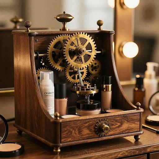 Photograph of a vintage wooden vanity with exposed brass gears, bottles, and a white lotion bottle on a wooden table.