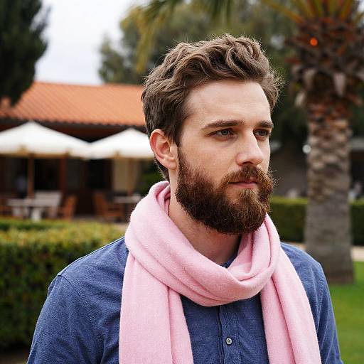 Bearded Man Wearing Pink Scarf Outdoors