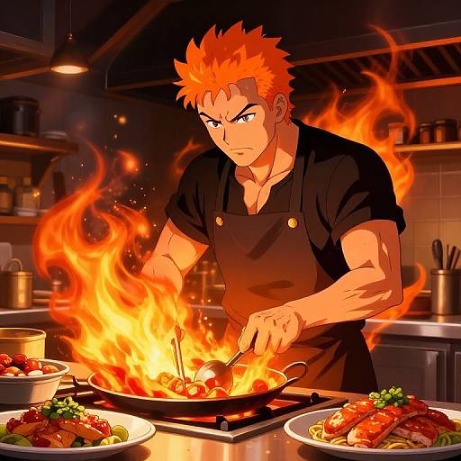 Anime Guy Fieri in Fiery Kitchen