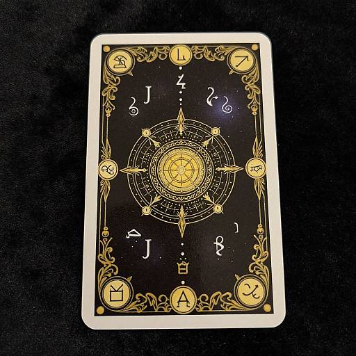 Magical tarot card with golden, intricate astrological design on black background, featuring zodiac symbols and numbers, against a black fabric backdrop. Photograph