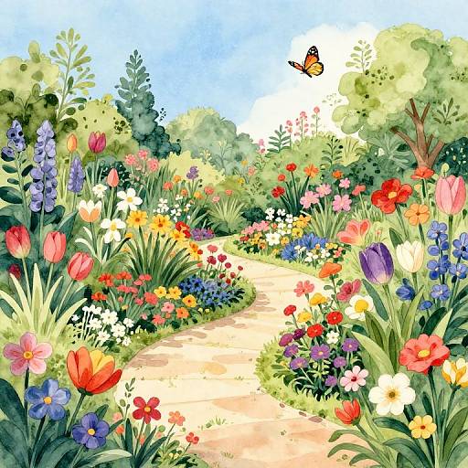 Vibrant watercolor garden scene with a winding path, colorful tulips, flowers, red-orange poppies, lush greenery, and a flying