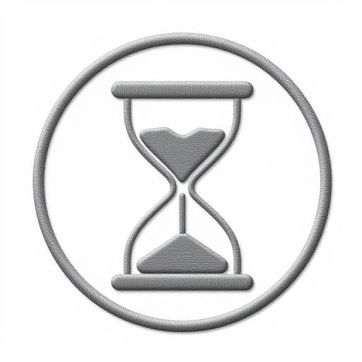 Digital illustration of a gray, textured hourglass within a circular frame, symbolizing time, with a white background.