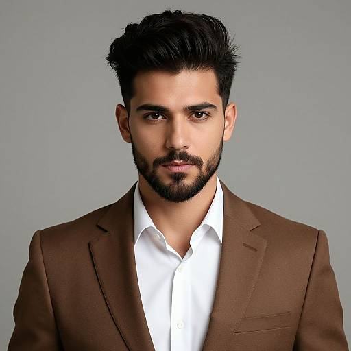 Photograph of a handsome, dark-haired man with a trimmed beard, wearing a brown blazer and white shirt, against a plain gray background.