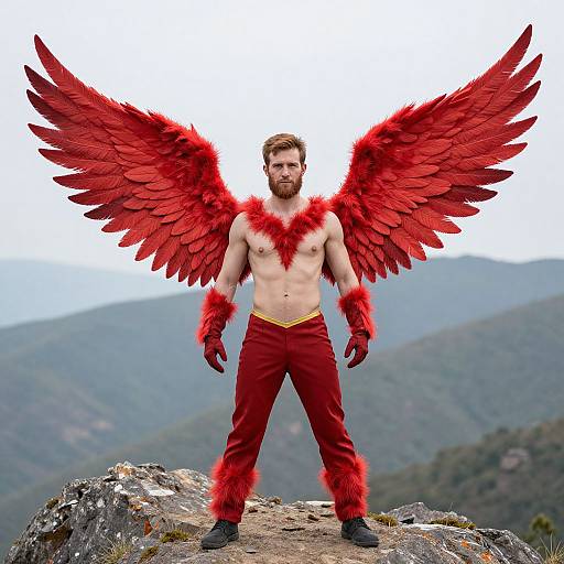 Photograph of a bearded man with red feathered wings, red fur cuffs, and red pants, standing on a rocky mountain peak.
