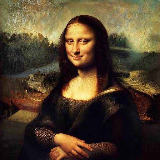 Digital artwork of a modern woman with long brown hair, wearing a dark dress, smiling, with Leonardo da Vinci's Mona Lisa background.