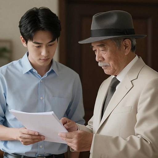 Two Men Examining Document in Soft Light