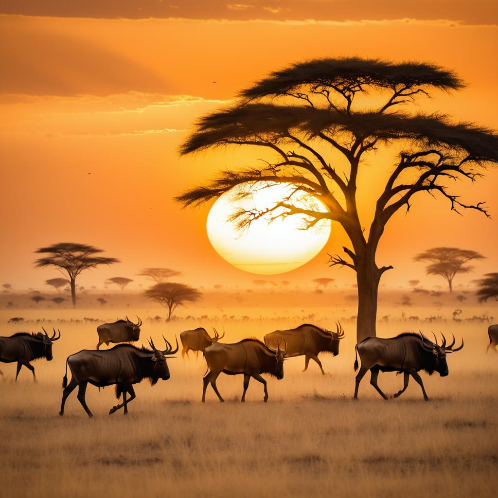 Wildebeest Migration at African Sunset