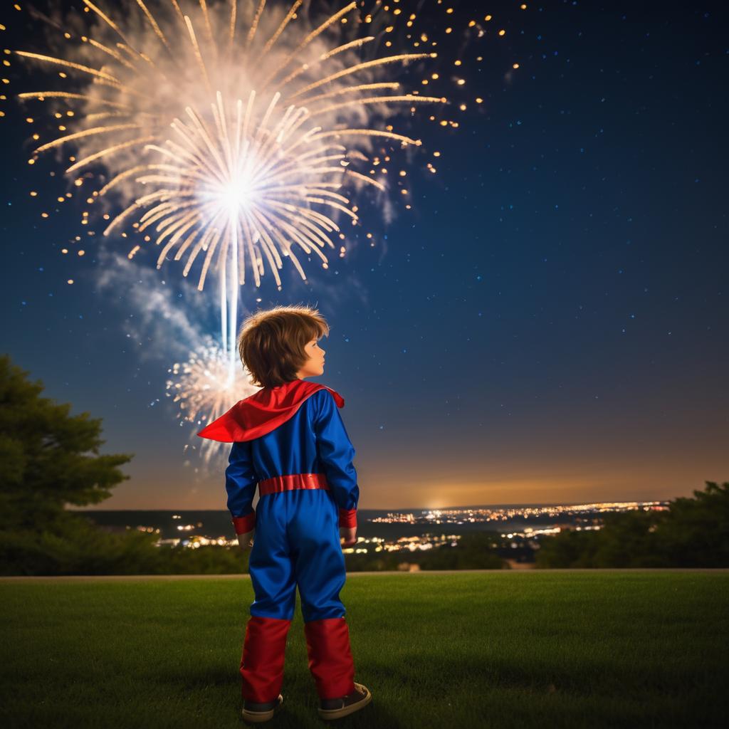 Young Superhero Enjoying Fireworks Display