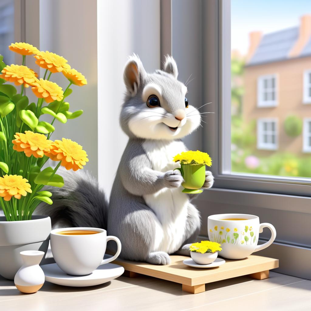 Cute Fluffy Squirrel Enjoying Tea