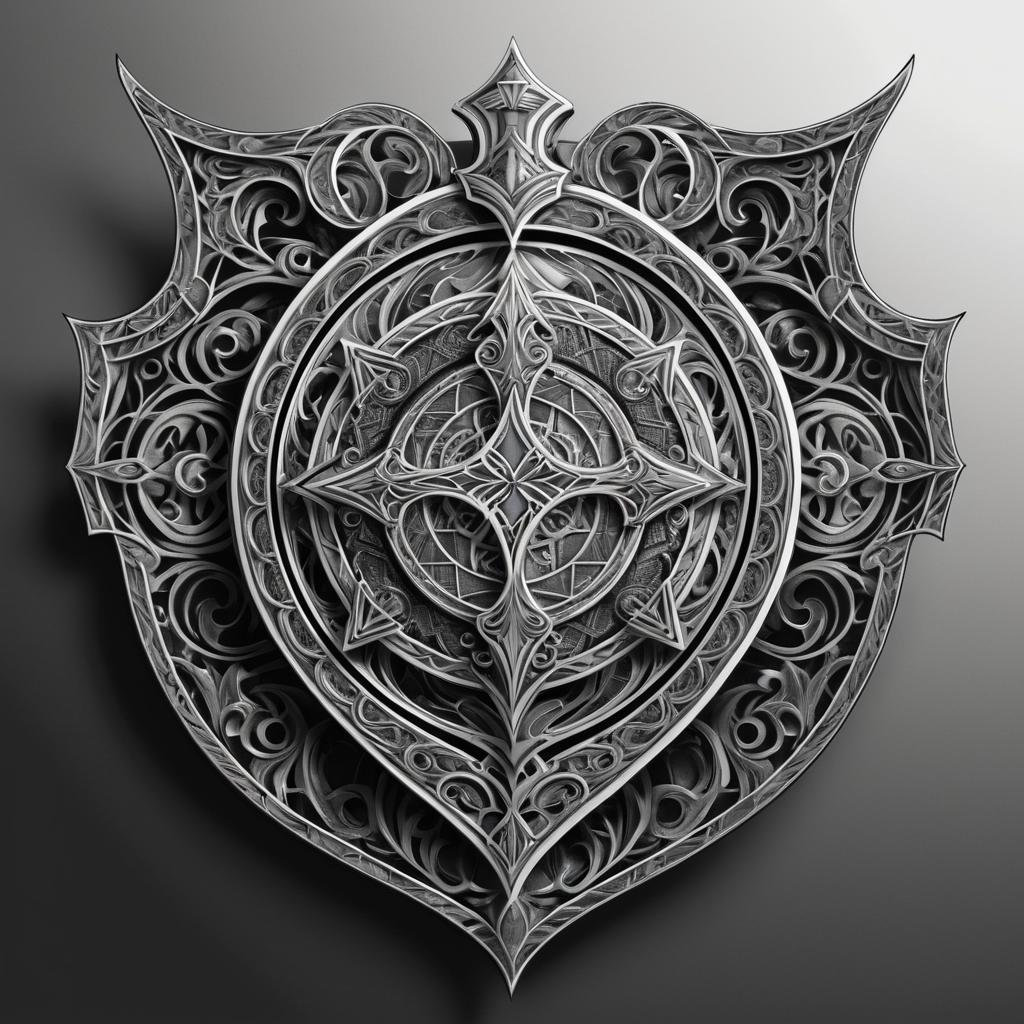 Detailed Black and White Knight's Shield Tattoo