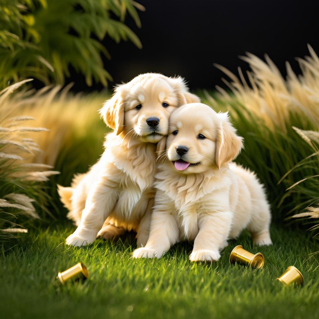 Playful Golden Retriever Puppies in Grass