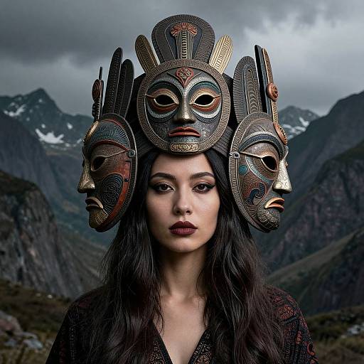 Photograph of a pale-skinned woman with dark hair, wearing an intricate, multi-masked headdress, set against a dramatic, cloudy mountain landscape