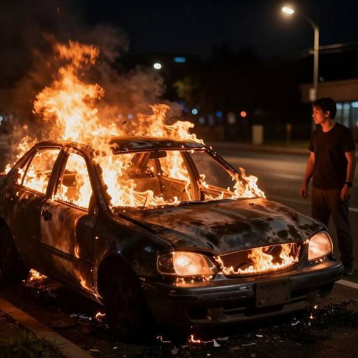 Burning Overturned Car on Dark Street