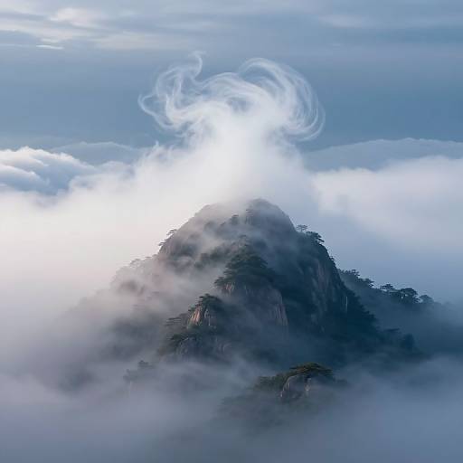 Photograph of a misty mountain peak with dense clouds enveloping the base, topped by a bright, sunlit, swirling cloud formation against a blue