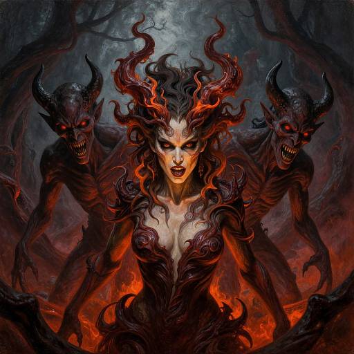 Digital fantasy artwork of a demonic woman with fiery red hair, horned skull minions, glowing red eyes, and dark, twisted flames.