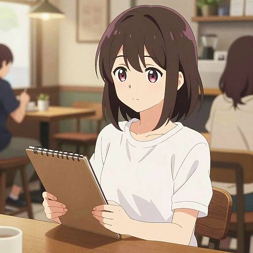 Anime Girl Sketching in Cozy Cafe