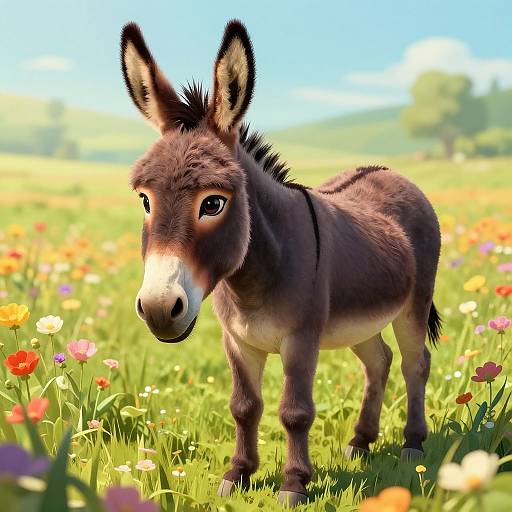 Photorealistic CGI of a cute, brown donkey with a white snout standing in a vibrant, sunlit meadow filled with colorful wildflowers