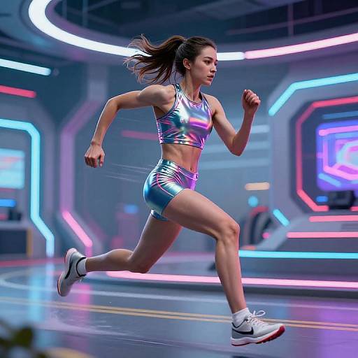 CGI image of a fit woman with long brown hair, running in a futuristic, neon-lit room. She wears a shiny, metallic crop top