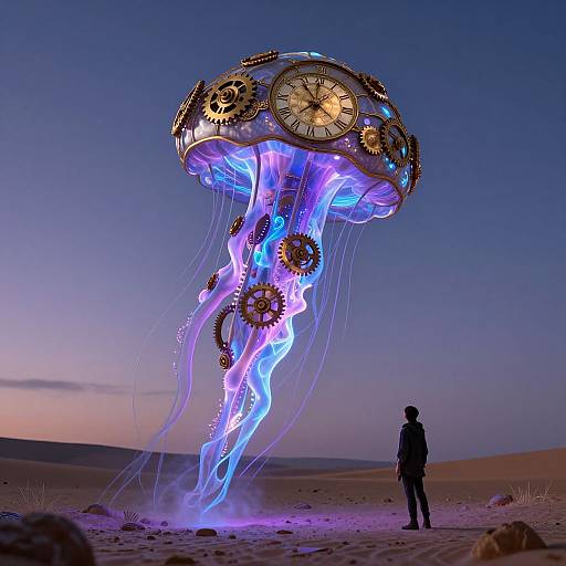 Photograph of a giant, glowing clock-themed jellyfish hovering over a desert, with a silhouetted person standing in the foreground.