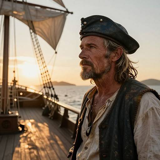 Photograph of a weathered, bearded man in a pirate hat and vest, standing on a wooden ship at sunset. Sunlight highlights his rugged