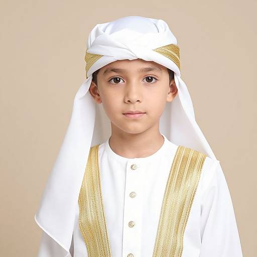 Young Boy in White and Gold Outfit