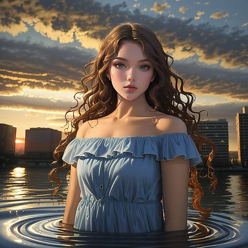 Young Woman in Water at Sunset