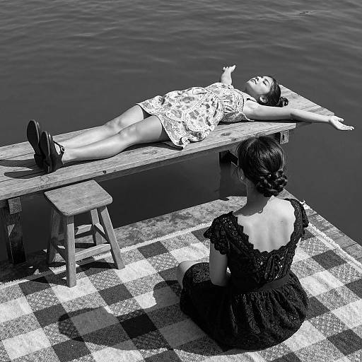 Black and White Photo of Two Women by Water