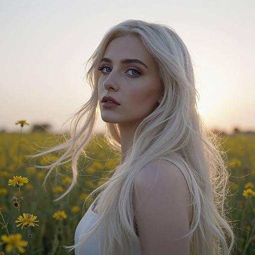 Photograph of a blonde woman with long, wavy hair, blue eyes, and fair skin, standing in a sunlit field of yellow dais