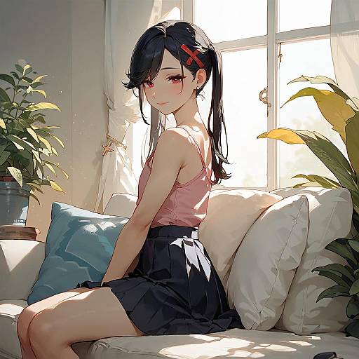 Anime Girl Relaxing in Sunset Living Room