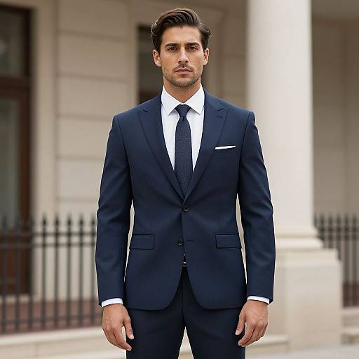 Photograph of a handsome man with short brown hair, wearing a dark navy suit, white shirt, and black tie, standing in front of a white