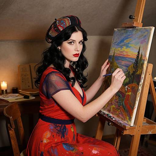 Photorealistic digital painting of a fair-skinned woman with black wavy hair, red dress, and jeweled headpiece, painting a vibrant landscape