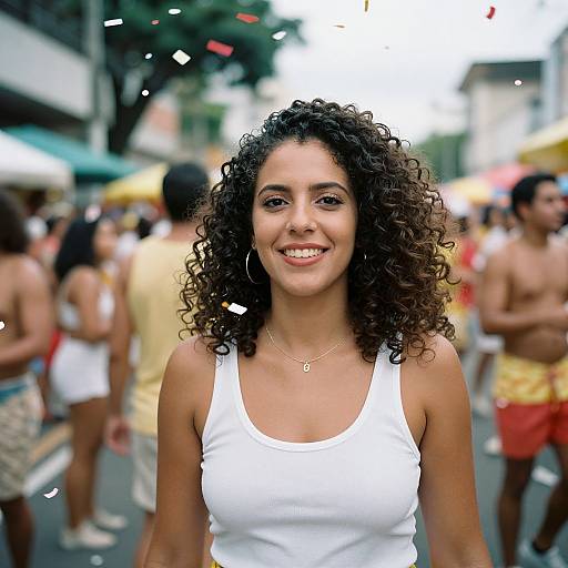 Photograph of a smiling young woman with curly dark hair, wearing a white tank top, standing in a crowded urban street festival. Background includes blurred people
