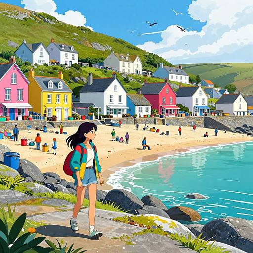 Vibrant Anime Beachside Village Walk