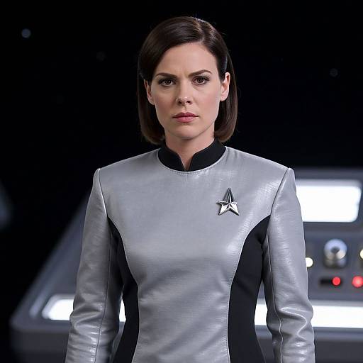 Photograph of a serious-looking woman with short brown hair, wearing a silver and black Starfleet uniform with an insignia, against a dark, futuristic